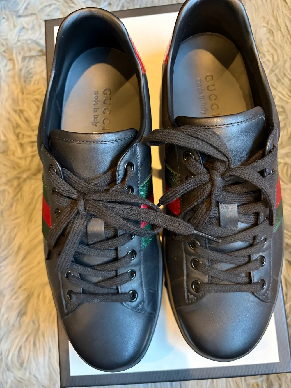 Gucci Black Leather Sneakers with Green & Red Web Stripe